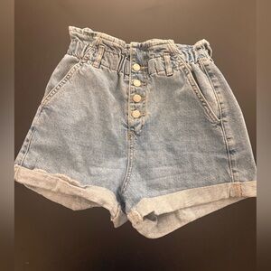 Topshop Light Blue Paperbag Waist Denim Shorts